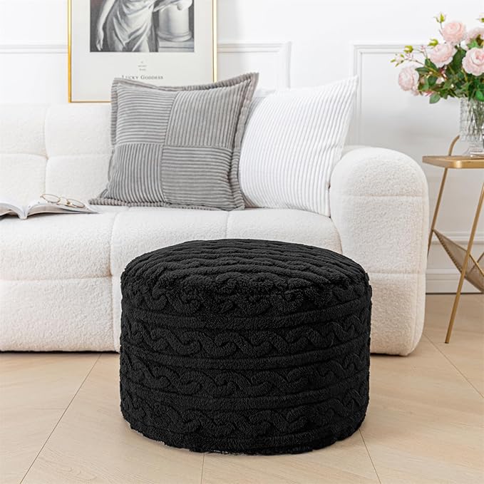 Asuprui Round Pouf Ottoman Stuffed Pouf Foot Stool Floor Chair for Living Room Bedroom Filled Boho Foam Ottoman Foot Rest for Couch 20 Diameter x 12 Height Black Pouf with Filler