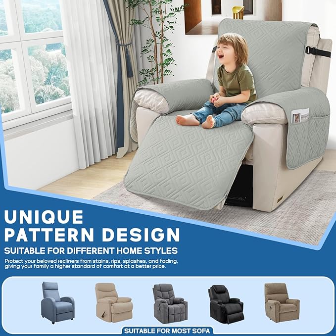 XINEAGE 100% Waterproof Recliner Cover, Non Slip Recliner Chair Cover with Elastic Band, Washable Recliner Slipcover with Storage Pockets for Kids, Pets (Light Gray, 30")