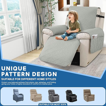 XINEAGE 100% Waterproof Recliner Cover, Non Slip Recliner Chair Cover with Elastic Band, Washable Recliner Slipcover with Storage Pockets for Kids, Pets (Light Gray, 23")