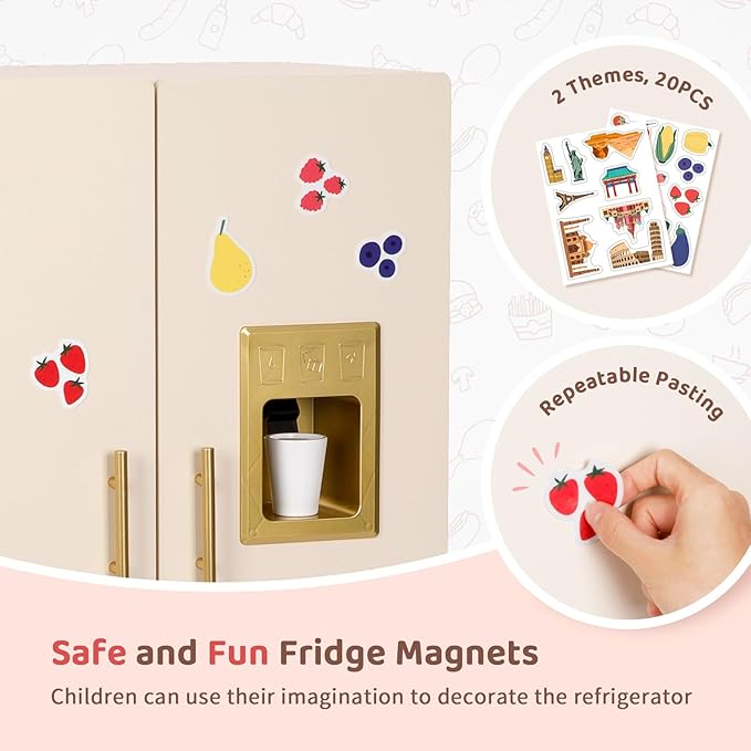 Play Refrigerator for Kids, Wooden Play Fridge with Ice Maker, Pretend Playset Toy Kitchen Sets for Toddlers