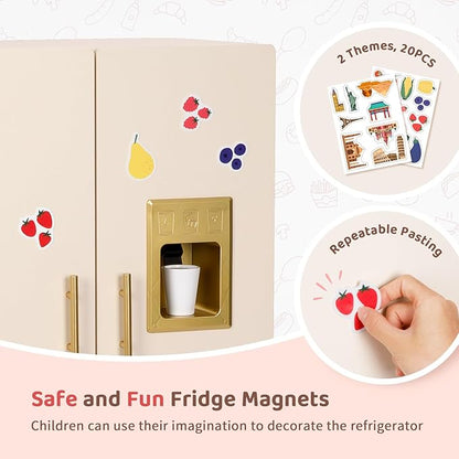 Play Refrigerator for Kids, Wooden Play Fridge with Ice Maker, Pretend Playset Toy Kitchen Sets for Toddlers
