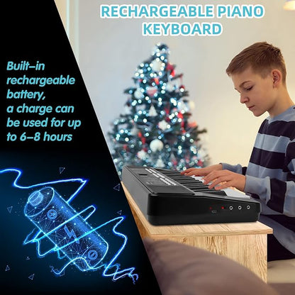 Piano Keyboard for Beginners, 37 Keys Kids PIano, Built-in 1200mA Rechargeable Battery Electronic Piano Keyboards Portable Music Keyboard Pianos with Mic LED Screen Teaching Gift for Beginner, Black