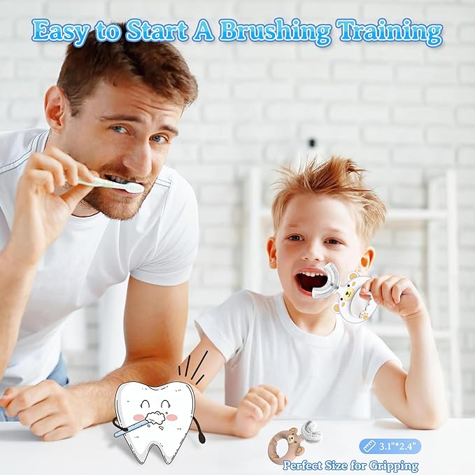 Toddler U Shape Toothbrushes for Baby Age 1 2 3 4 5, 360° Oral Teeth Cleaning Design with Food Grade Soft Silicone Brush (White&Brown)