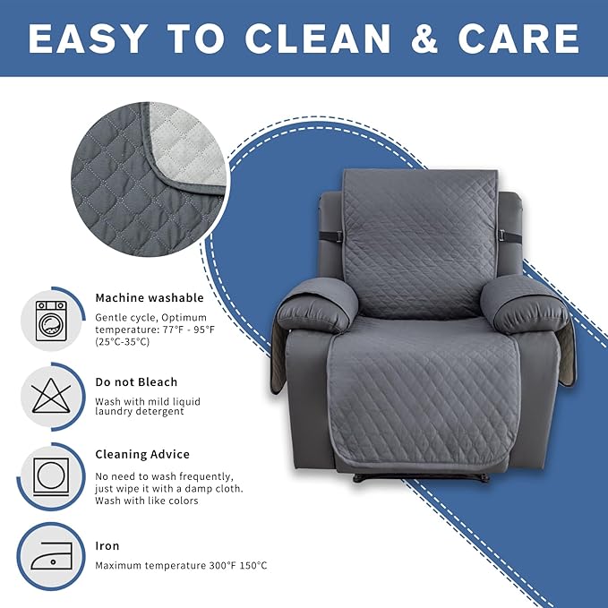 XINEAGE Water Resistant Recliner Cover, Nonslip Recliner Chair Covers for Reclining Chair with Pockets, Quilted Thick Recliner Slipcovers for Pets and Kids (Recliner Chair, Dark Gray)