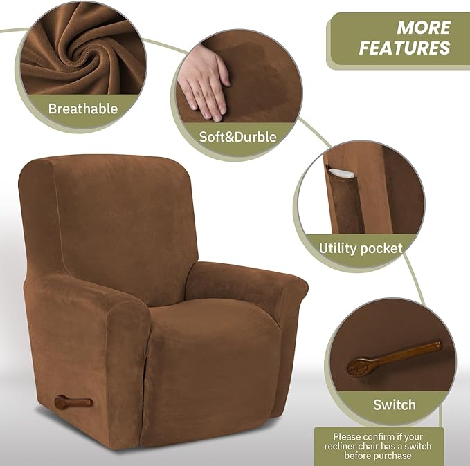 AZON Velvet Stretch Recliner Chair Cover,1-Piece Washable Recliner Couch Cover with Elastic Furniture Protector for Pets, Kids(Recliner, Camel)