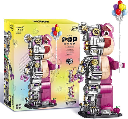 Pink Small Particles(1729 Pieces)Semi-Mechanical Building Block Teddy Bear Compatible with Lego Suitable for Ages 15+ Comes with a Transparent Display Box and a Multi-Functional Building Block Hammer