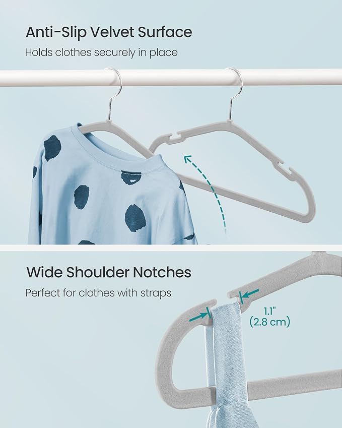 SONGMICS Baby Hangers 50 Pack, 11 x 6.9 Inches, Kids Hangers for Closet, Non-Slip Velvet Hangers, Childrens Hangers, Space-Saving Clothes Hangers, Wide Shoulder Notches, Dove Gray UCRF037G01