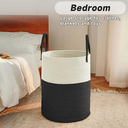 JMvicyroam Large Woven Laundry Basket Hamper,80L Cotton Rope Storage Bin for Blankets,Toys and Clothes,Decorative Tall Nursery Hamper for Living Room,Baby Nursery,Bathroom and Bedroom,White and Black