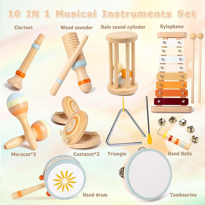 Baby Musical Instruments for Toddlers 1-3, 12PCS Montessori Musical Toy Set with Xylophone, Drum, Maracas...Perfect Toy Gift for 1-3 Year Old Boy Girl