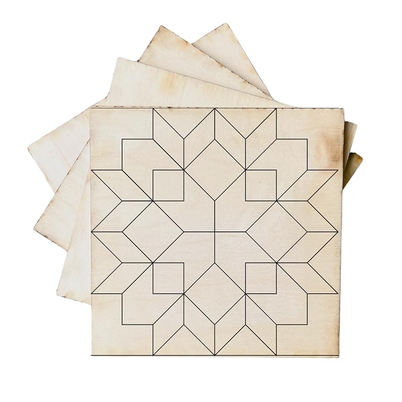 Set of 4 Unfinished Barn Quilt Square Wooden Sign, Spring Country Decor Canvas Quilts Blocks (3 inches, Large Flower)