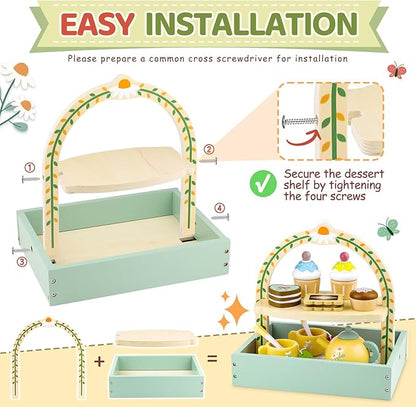 Wooden Tea Sets for Little Girls 1-3 Play Food Cake Toys Toddlers 3-5 Kitchen Accessories Pretend Play Princess Playset for 2 3 4 5 6 Year Old Girl Boy Party Birthday Gift