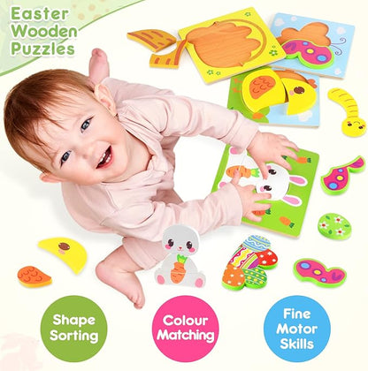 Easter Wooden Puzzles for Toddlers 1-3, Easter Basket Stuffers for Toddler, Easter Gifts for Babies Boys Girls, Easter Toys for 1 2 3 Year Old Learning, Educational Wood Animal Chunky Puzzles