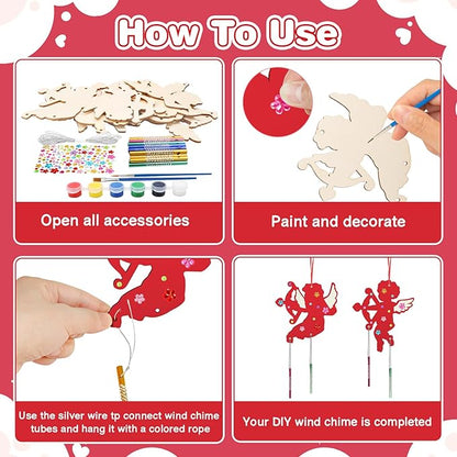 Fennoral 12 Pack Valentine's Day Wind Chime Kit for Kids Make You Own Valentines Day Hanging Wind Chimes DIY Coloring Wooden Ornaments for Kids Art and Craft Valentine's Day Gifts Party Decoration