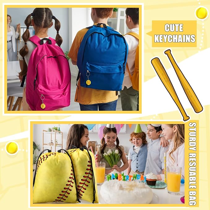 Abbylike 60 Pcs Softball Party Favors Set Softball Gifts for Girls 12 Softball Drawstring Bags 12 Softball Hair Ties 12 Softball Bracelets 12 Lanyards 12 Keychains for Sports Team Party Supplies