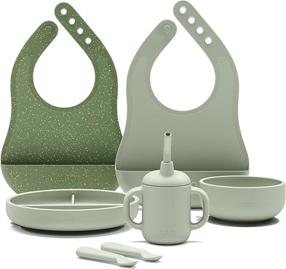 Lalo First Bites Silicone Baby Feeding Set - Baby Led Weaning Supplies - Non-Toxic Silicone - Includes 2 Bibs, 2 Spoons, Training Cup, Suction Plate and Bowl - 6 Pieces - Sage