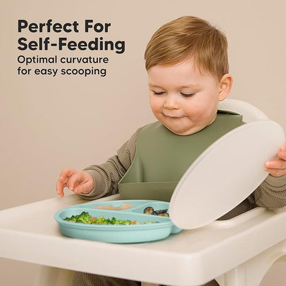 KeaBabies Suction Plates with Lids for Baby - 3-Pack 100% Silicone Suction Plates for Baby, Kids,Toddler Plates,Divided Baby Plates with Suction,Lids, BPA-Free, Microwave, Dishwasher Safe (Amaze)