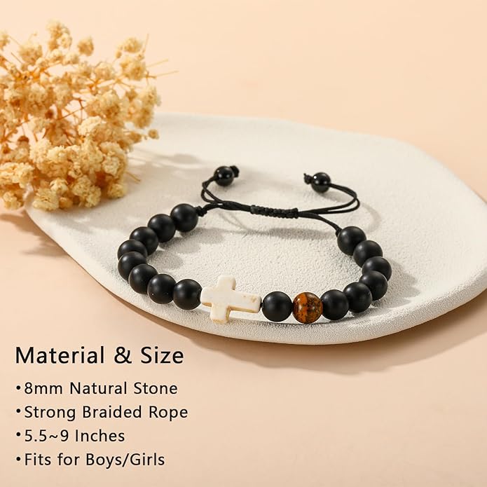 Easter Basket Stuffers for Girls Teens Boys Kids, Cross Natural Beads Bracelet Christian Religious Baptism First Communion Confirmation Jewelry Gifts