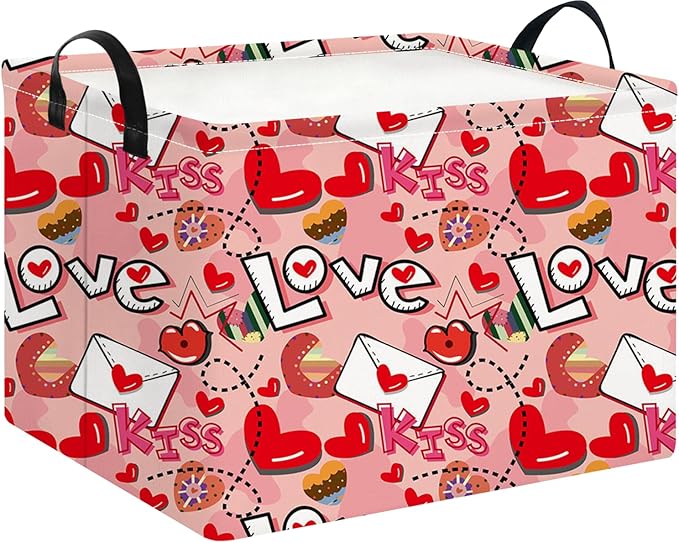 NTAOHAMPER Rectangular Heart Print Storage Basket Empty,Collapsible Gift Basket with Handles,Books Box,Room Decor(Love Letter)