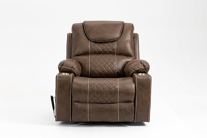 FANYE Electric Power Lift Chair for Elderly W/Massage and Heat, Infinite Positions 2 Remote Controllers Oversized Faux Leather Upholstered Recliner & Armchair W/Side Pockets & Cup Holders, Brown