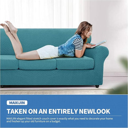 MAXIJIN 2 Piece Jacquard Chair Covers with Arms Super Stretch Non Slip Chair Slipcover for Living Room Dogs Pet Friendly Elastic Sofa Couch Protector Armchair Cover (Chair, Peacock Blue)