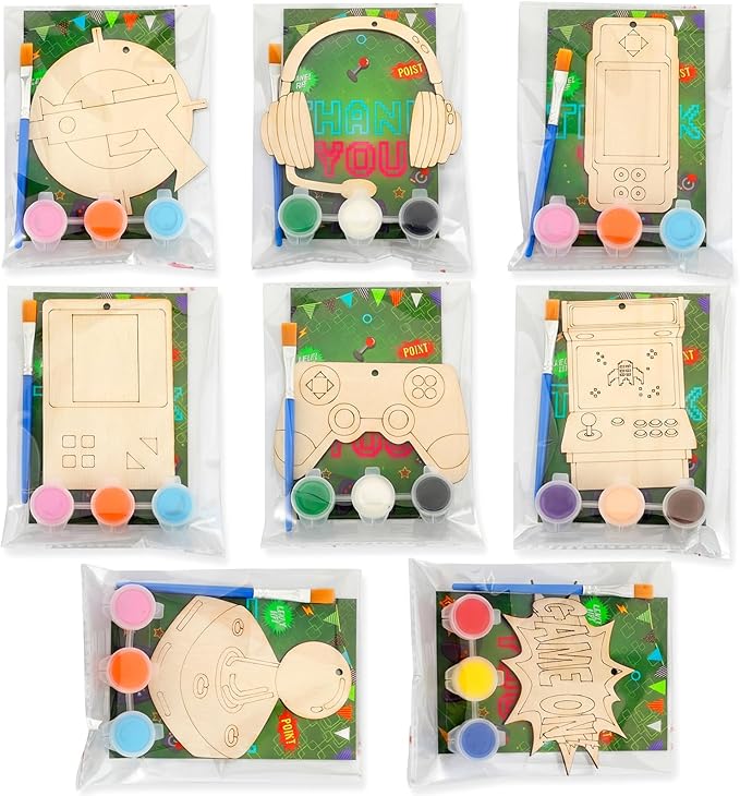Saypacck 24 Pcs Video Game Party Favors Wooden Craft Kits Video Game Painting Craft Wooden Gaming Party Favor with Organza Bag for Birthday Goodie Bags Fillers Gifts