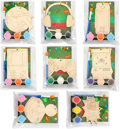 Saypacck 24 Pcs Video Game Party Favors Wooden Craft Kits Video Game Painting Craft Wooden Gaming Party Favor with Organza Bag for Birthday Goodie Bags Fillers Gifts