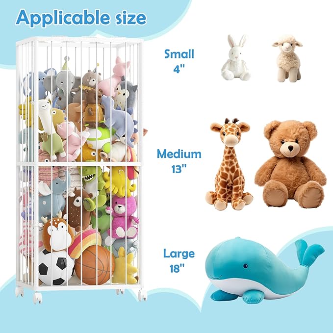 Fixwal Stuffed Animal Storage Zoo Metal Tube Extra Large Plushies Storage Stuffed Animals Holder Kids Toy Organizers and Storage with Elastic Band and Net for Playroom Bedroom White 61 x 23.6 x 16.5