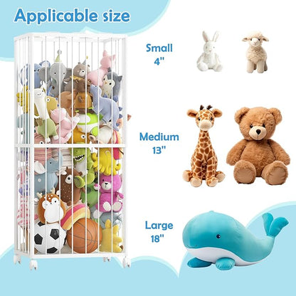 Fixwal Stuffed Animal Storage Zoo Metal Tube Extra Large Plushies Storage Stuffed Animals Holder Kids Toy Organizers and Storage with Elastic Band and Net for Playroom Bedroom White 61 x 23.6 x 16.5