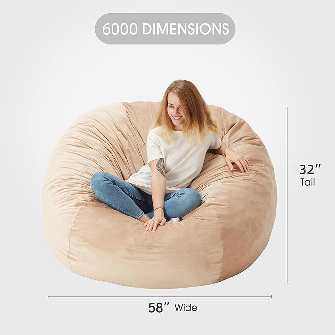 Homguava Bean Bag Chair: Giant Bean Bags with Memory Foam Filled, Large Beanbag Chairs Soft Sofa with Dutch Velet Cover 6FT(58"×58"×28")-Khaki