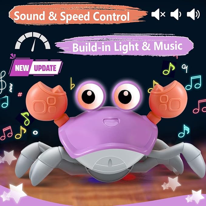 Purple Crawling Crab Baby Toy – Violet Tummy Time Interactive Moving Crab Toy with Music & Lights, Cute Running Escape Catch Me Toy for 0–6 Month Infants, 6–12 Month Crawlers & Early Walkers