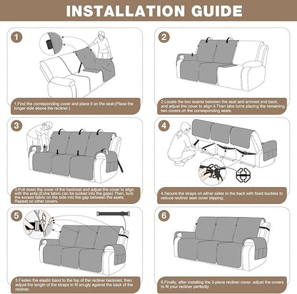 TAOCOCO 100% Waterproof Recliner Sofa Covers 3 Seater Split Couch Covers for 3 Cushion Reclining Couch with Straps, Non Slip Reclining Sofa Covers Furniture Protector for Kids Pets(3 Seater, Brown)