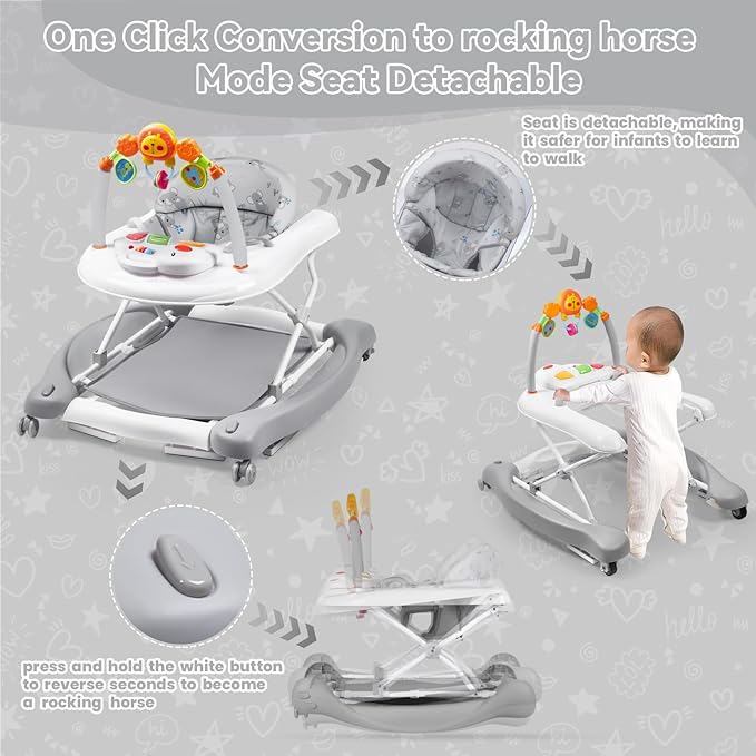 Baby Walker, 5 in 1 Baby Walkers for Boys Girls 6-12 Months, Foldable Walkers for Babies with Bouncer & Feeding Tray, Music, Adjustable Heights, Activity Walker for Infant