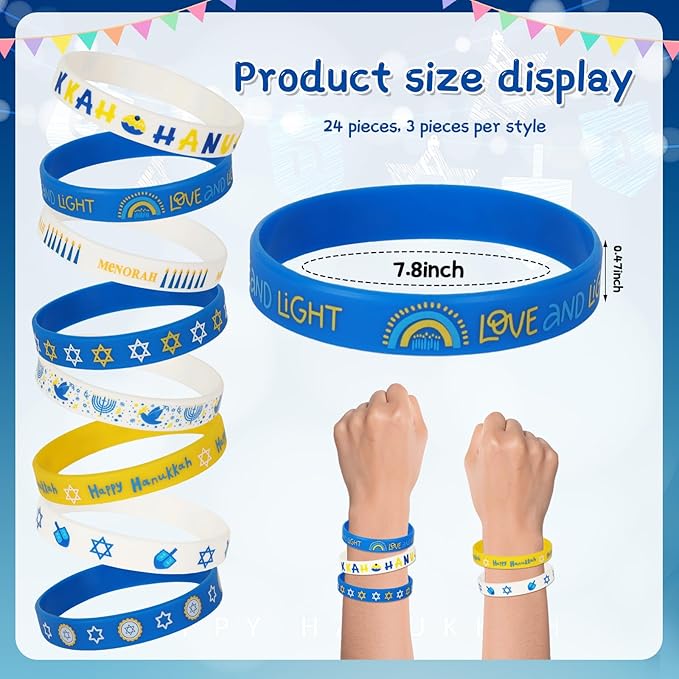 JUNEBRUSHS 24Pcs Hanukkah Silicone Rubber Wristbands Bracelets for Hanukkah Decorations Party Favors Jewish Holiday Kids Goodie Bag Fillers Supplies(8 Designs)