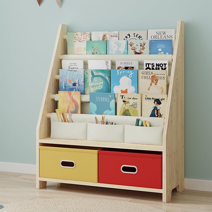 EXPERLAM 4 Tier Kids Book Shelf, Wooden Kids Book Rack Storage Bookshelf with Toy Storage Organizer, Toddler Sling Bookshelf for Boys, Girls, Play Room, Nursery, Red/Yellow