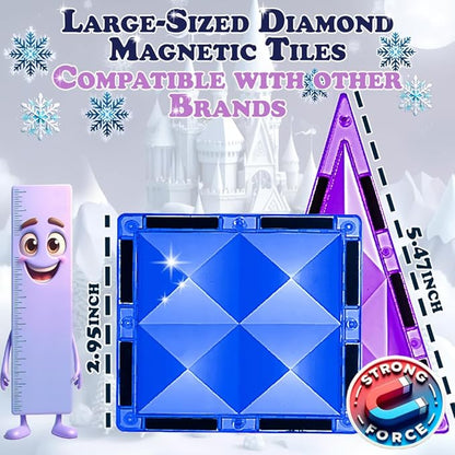 Little Pi 102pcs Frozen Princess Castle Magnetic Tiles Building Blocks - 3D Diamond Blocks, STEM Educational Toddler Toys for Pretend Play, 4 Year Old Girl Birthday Gifts Kids Ages 3 5 6 7 8 - Blue