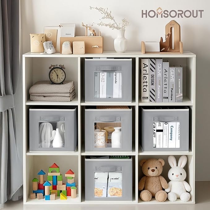 Homsorout Storage Cube 11 Inch - Cube Storage Bins with Window, Closet Storage Baskets with Handle, Fabric Bins for Closet, Shelves, Toys, Clothes, Set of 14, Grey