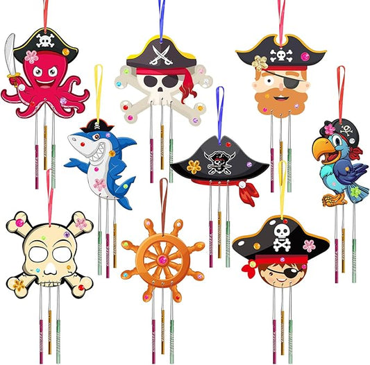 Fennoral 9 Pack Wind Chime Kit for Kids Make Your Own Pirates Wind Chime Wooden Arts and Crafts for Girls Boys Ornaments DIY Coloring Pirates Craft for Christmas Art Activity Birthday Party