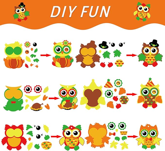 chiazllta 30 Packs Thanksgiving Fall Craft for Kids Thanksgiving Owl DIY Art Craft with Fall Autumn Leaves Pumpkins Stickers Make Your Own Owl Set for Kindergarten Home Class Game Activities