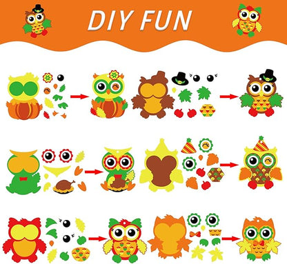 chiazllta 30 Packs Thanksgiving Fall Craft for Kids Thanksgiving Owl DIY Art Craft with Fall Autumn Leaves Pumpkins Stickers Make Your Own Owl Set for Kindergarten Home Class Game Activities