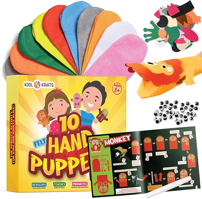 Hand Puppet Kit - Make Your Own Animal Puppets - 10 Felt Puppets - Simple Step By Step Instructions - Art Craft, Role Play, Storytelling - Puppets for kids, Children's Art & Craft Birthday Gifts Ideas