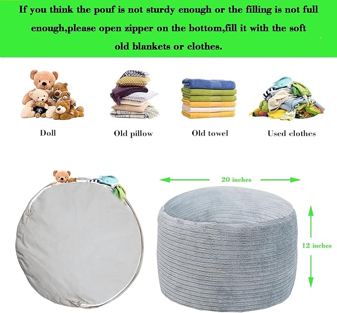 Pouf Ottoman Stuffed 20x20x12 Inches Floor Pouf Plush Fiber Ottoman Foot Rest Under Desk Foot Stool for Living Room Bedroom (Gray Stripe Pouf with Filler)