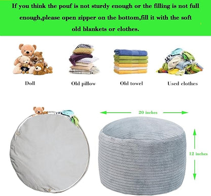 Pouf Ottoman Stuffed 20x20x12 Inches Floor Pouf Plush Fiber Ottoman Foot Rest Under Desk Foot Stool for Living Room Bedroom (Gray Stripe Pouf with Filler)