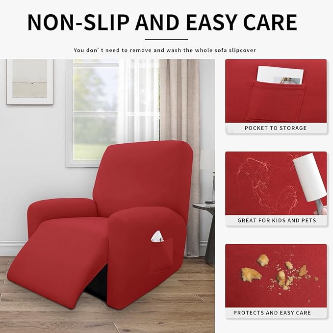 Easy-Going 100% Dual Waterproof Recliner Cover Stretch Soft Couch Cover for Dogs, Sofa Slipcover for Recliner Couch Leakproof Furniture Protector for Kids Christmas Red