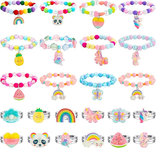 SOTOGO 24 Pieces Girls Rings and Bracelets Set Colorful Gift Party Favors Friendship Pretend Dress up Play Jewelry for Kids Children Toddler, Shiny Style
