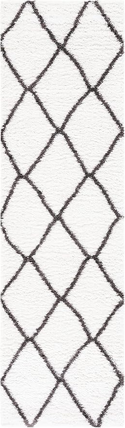SAFAVIEH Berber Shag Collection 2' 3" x 8' Ivory/Grey BER522F Moroccan Trellis Non-Shedding Entryway Foyer Living Room Bedroom 1.3-inch Thick Runner Rug
