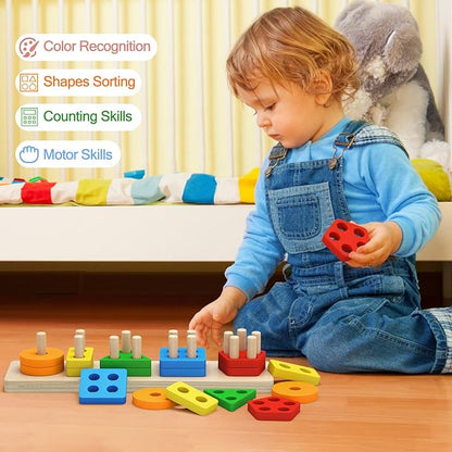 PEBIRA Montessori Toys for 1 to 3-Year-Old Boys Girls Toddlers, Wooden Sorting & Stacking Toys for Toddlers and Kids Preschool, Educational Toys, Color Recognition Shape Sorter, Learning Puzzles Gift