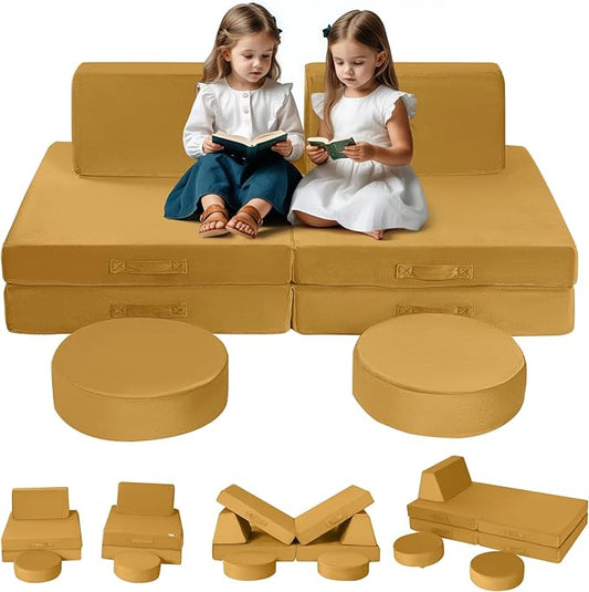 MeMoreCool Modular Kids Couch Sofa, Mustard 8-Piece Convertible Foam Play Couch Set for Toddlers and Playroom