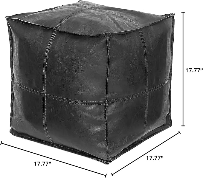 Louis Donné 17.7" Black Square Unstuffed Pouf Ottoman Cover Footstool Handmade Faux Leather Pouffe for Reading Storage Toy Square Ottoman for Living Room Balcony Office Outdoor Floor Chair Only Cover