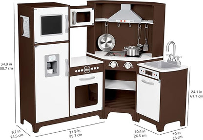 Amazon Basics Kids Corner Wooden Kitchen Toy Playset with Stove, Oven, Sink, Fridge and Accessories, for Toddlers, Preschoolers, Children Age 3+ Years, Espresso/Gray, 39.37"L x 28.35"W x 35.04"H