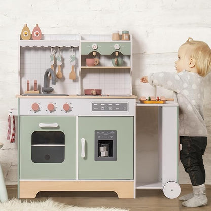 ROBOTIME Wooden Play Kitchen, Wood Kids Play Kitchen with Ice Maker and BBQ, Kids Play Kitchen Pretend Play Set with Lights & Sounds for Ages 3+, Gift for Boys and Girls